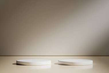 Geometrik podyum platformlu en az ürün sahnesini göster. Podyumlu silindir arkaplan 3d. Kozmetik ürünleri anlamına geliyor. 3D Kahverengi Stüdyoda Sahne Gösterimi