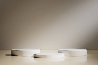 Geometrik podyum platformlu en az ürün sahnesini göster. Podyumlu silindir arkaplan 3d. Kozmetik ürünleri anlamına geliyor. 3D Kahverengi Stüdyoda Sahne Gösterimi