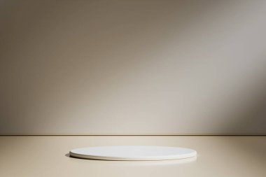 Geometrik podyum platformlu en az ürün sahnesini göster. Podyumlu silindir arkaplan 3d. Kozmetik ürünleri anlamına geliyor. 3D Kahverengi Stüdyoda Sahne Gösterimi
