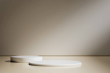 Geometrik podyum platformlu en az ürün sahnesini göster. Podyumlu silindir arkaplan 3d. Kozmetik ürünleri anlamına geliyor. 3D Kahverengi Stüdyoda Sahne Gösterimi