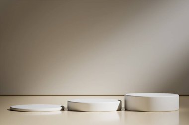 Geometrik podyum platformlu en az ürün sahnesini göster. Podyumlu silindir arkaplan 3d. Kozmetik ürünleri anlamına geliyor. 3D Kahverengi Stüdyoda Sahne Gösterimi