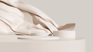 3D podyum bej arka plan. Şatafatlı uçan kumaş hareket halinde. Güzellik, kozmetik ürün sunumu için asgari kaide. Kadınsı kopya alanı, çıplak, kahverengi şablon, stüdyo 3D görüntüleme