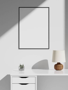 Minimalist estetik çerçeve posteri beyaz iç mekânda.