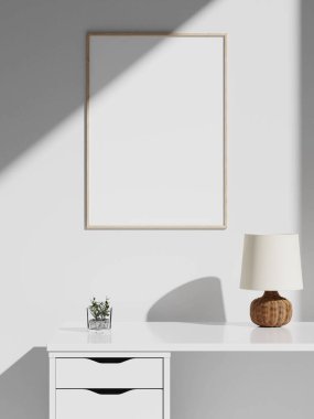 Minimalist estetik çerçeve posteri beyaz iç mekânda.