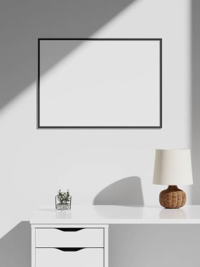 Minimalist estetik çerçeve posteri beyaz iç mekânda.