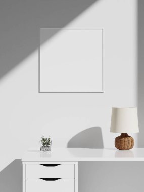 Minimalist estetik çerçeve posteri beyaz iç mekânda.