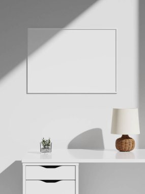 Minimalist estetik çerçeve posteri beyaz iç mekânda.