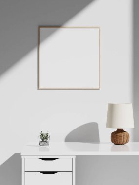 Minimalist estetik çerçeve posteri beyaz iç mekânda.