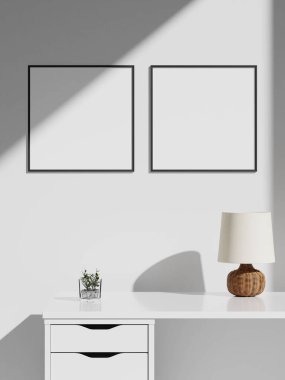 Minimalist estetik çerçeve posteri beyaz iç mekânda.
