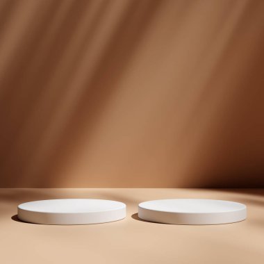 Ürün gösterisi için en az kahverengi podyum. Silindir kaideyi şekillendirir. Karanlık arka plan görüntüsü. Siyah stand arkaplanı.