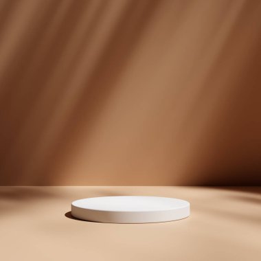 Ürün gösterisi için en az kahverengi podyum. Silindir kaideyi şekillendirir. Karanlık arka plan görüntüsü. Siyah stand arkaplanı.