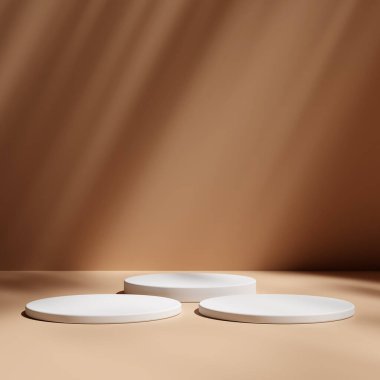 Ürün gösterisi için en az kahverengi podyum. Silindir kaideyi şekillendirir. Karanlık arka plan görüntüsü. Siyah stand arkaplanı.
