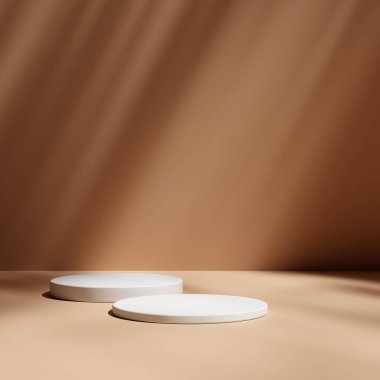 Ürün gösterisi için en az kahverengi podyum. Silindir kaideyi şekillendirir. Karanlık arka plan görüntüsü. Siyah stand arkaplanı.