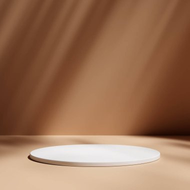 Ürün gösterisi için en az kahverengi podyum. Silindir kaideyi şekillendirir. Karanlık arka plan görüntüsü. Siyah stand arkaplanı.