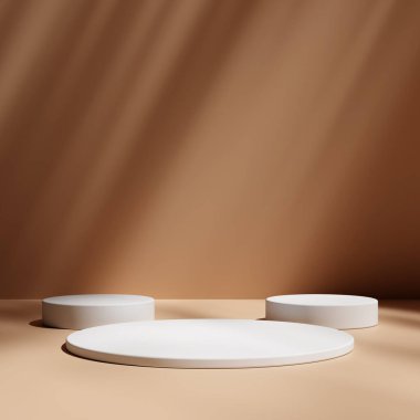 Ürün gösterisi için en az kahverengi podyum. Silindir kaideyi şekillendirir. Karanlık arka plan görüntüsü. Siyah stand arkaplanı.