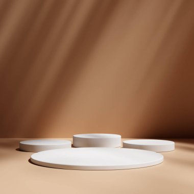 Ürün gösterisi için en az kahverengi podyum. Silindir kaideyi şekillendirir. Karanlık arka plan görüntüsü. Siyah stand arkaplanı.