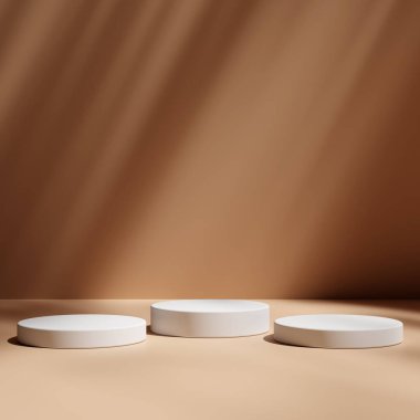 Ürün gösterisi için en az kahverengi podyum. Silindir kaideyi şekillendirir. Karanlık arka plan görüntüsü. Siyah stand arkaplanı.