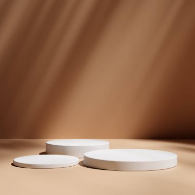 Ürün gösterisi için en az kahverengi podyum. Silindir kaideyi şekillendirir. Karanlık arka plan görüntüsü. Siyah stand arkaplanı.