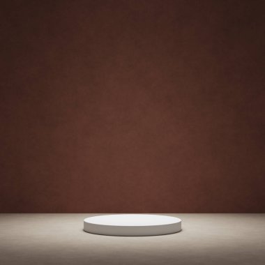 Ürün gösterisi için en az kahverengi podyum. Silindir kaideyi şekillendirir. Koyu arkaplan.