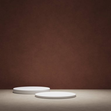 Ürün gösterisi için en az kahverengi podyum. Silindir kaideyi şekillendirir. Koyu arkaplan.