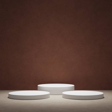 Ürün gösterisi için en az kahverengi podyum. Silindir kaideyi şekillendirir. Koyu arkaplan.