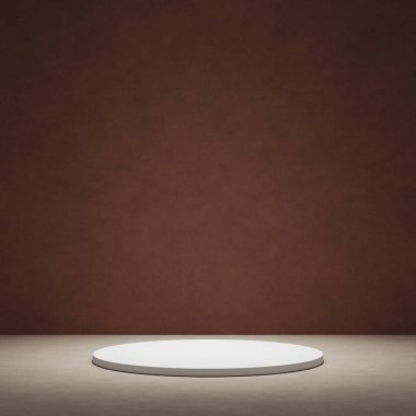Ürün gösterisi için en az kahverengi podyum. Silindir kaideyi şekillendirir. Koyu arkaplan.