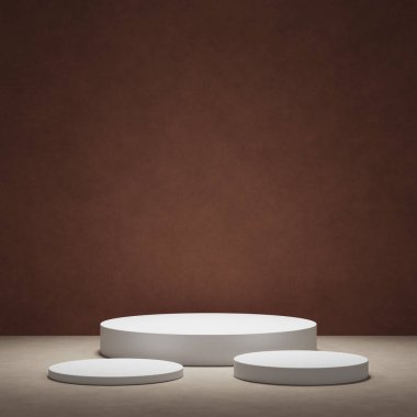 Ürün gösterisi için en az kahverengi podyum. Silindir kaideyi şekillendirir. Koyu arkaplan.