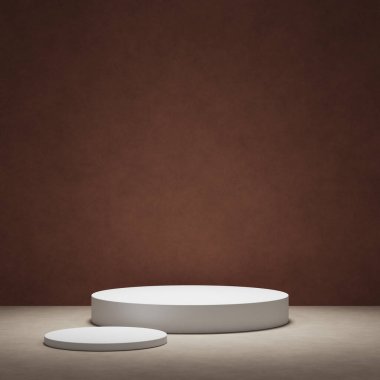 Ürün gösterisi için en az kahverengi podyum. Silindir kaideyi şekillendirir. Koyu arkaplan.