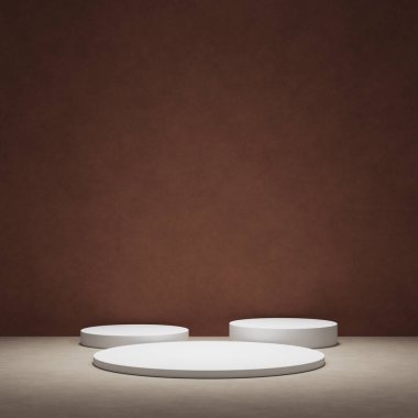 Ürün gösterisi için en az kahverengi podyum. Silindir kaideyi şekillendirir. Koyu arkaplan.