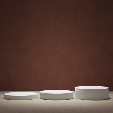 Ürün gösterisi için en az kahverengi podyum. Silindir kaideyi şekillendirir. Koyu arkaplan.