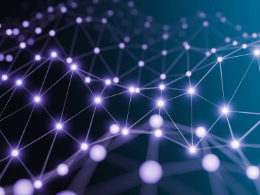 Parlak mavi arkaplanda soyut bağlantılı noktalar. İnternet bağlantısı, soyut bilim ve teknoloji grafik tasarımı hissi, parlayan mavi bağlantılarla dijital ağ örgüsü