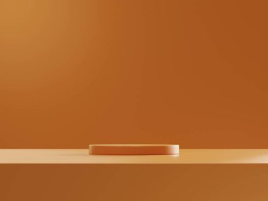 Ürün sunumu, markalaşma ve paketleme sunumu için kozmetik kahverengi arka plan minimal ve premium podyum. Stüdyo sahnesinin arka planında yaprak var. 3B illüstrasyon tasarımı