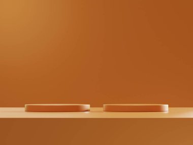 Ürün sunumu, markalaşma ve paketleme sunumu için kozmetik kahverengi arka plan minimal ve premium podyum. Stüdyo sahnesinin arka planında yaprak var. 3B illüstrasyon tasarımı