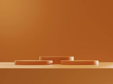Ürün sunumu, markalaşma ve paketleme sunumu için kozmetik kahverengi arka plan minimal ve premium podyum. Stüdyo sahnesinin arka planında yaprak var. 3B illüstrasyon tasarımı