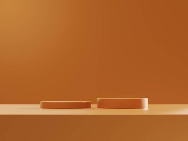 Ürün sunumu, markalaşma ve paketleme sunumu için kozmetik kahverengi arka plan minimal ve premium podyum. Stüdyo sahnesinin arka planında yaprak var. 3B illüstrasyon tasarımı