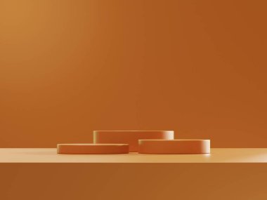Ürün sunumu, markalaşma ve paketleme sunumu için kozmetik kahverengi arka plan minimal ve premium podyum. Stüdyo sahnesinin arka planında yaprak var. 3B illüstrasyon tasarımı