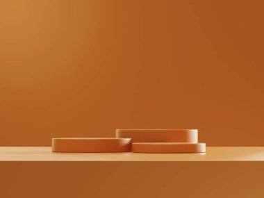 Ürün sunumu, markalaşma ve paketleme sunumu için kozmetik kahverengi arka plan minimal ve premium podyum. Stüdyo sahnesinin arka planında yaprak var. 3B illüstrasyon tasarımı