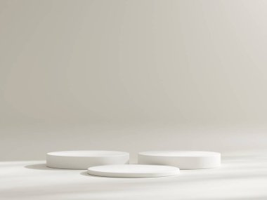Beyaz silindir kaidesel podyum görüntüsü, boş oda arkaplanı. Ürünlerin sunumu için soyut modern sunum 3D şekli. Pastel minimal duvar sahnesi, stüdyo odası..