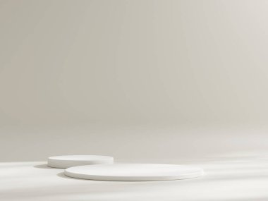 Beyaz silindir kaidesel podyum görüntüsü, boş oda arkaplanı. Ürünlerin sunumu için soyut modern sunum 3D şekli. Pastel minimal duvar sahnesi, stüdyo odası..