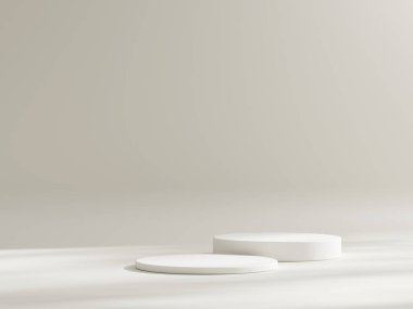 Beyaz silindir kaidesel podyum görüntüsü, boş oda arkaplanı. Ürünlerin sunumu için soyut modern sunum 3D şekli. Pastel minimal duvar sahnesi, stüdyo odası..