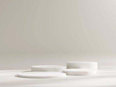 Beyaz silindir kaidesel podyum görüntüsü, boş oda arkaplanı. Ürünlerin sunumu için soyut modern sunum 3D şekli. Pastel minimal duvar sahnesi, stüdyo odası..