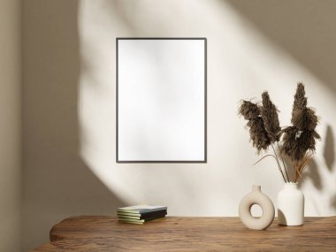 Minimalist odanın iç kısımlarında resim çizimleri ve modellemeler için boş çerçeveli tuval