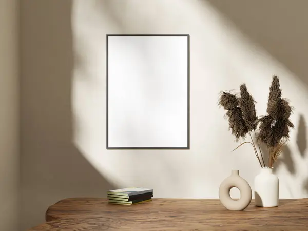 stock image Empty framed canvas for mockups and art illustrations in minimalist room interior