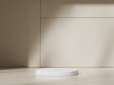 3D ürün bej, geometrik podyum platformlu minimal sahne. Podyumlu silindir arkaplan 3d. Kozmetik ürünleri anlamına geliyor. 3D bej stüdyosunda sahne gösterisi.