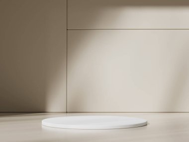 3D ürün bej, geometrik podyum platformlu minimal sahne. Podyumlu silindir arkaplan 3d. Kozmetik ürünleri anlamına geliyor. 3D bej stüdyosunda sahne gösterisi.