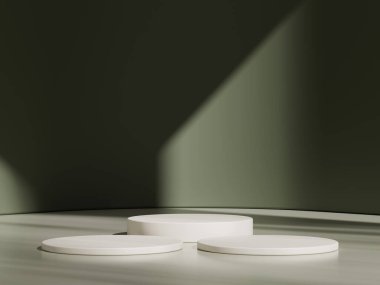 3D ürün bej, geometrik podyum platformlu minimal sahne. Podyumlu silindir arkaplan 3d. Kozmetik ürünleri anlamına geliyor. 3D bej stüdyosunda sahne gösterisi.