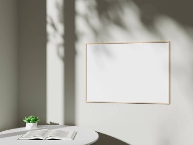 Minimalist odanın iç kısımlarında resim çizimleri ve modellemeler için boş çerçeveli tuval