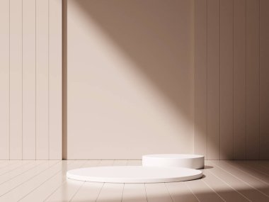 Minimum arkaplan. Ürün sunumu için podyum ve kahverengi arka plan. 3d resimleme.