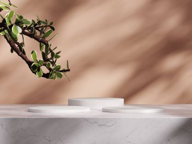 3D ürün bej, geometrik podyum platformlu minimal sahne. Podyumlu silindir arkaplan 3d. Kozmetik ürünleri anlamına geliyor. 3D bej stüdyosunda sahne gösterisi.