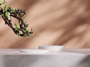 3D ürün bej, geometrik podyum platformlu minimal sahne. Podyumlu silindir arkaplan 3d. Kozmetik ürünleri anlamına geliyor. 3D bej stüdyosunda sahne gösterisi.